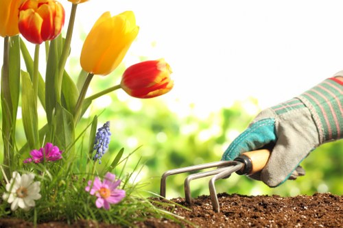 The image shows a gardener's gloved hand using a hand rake to cultivate dark, moist soil in a garden bed. To the left, there are vibrant flowering plants, including yellow and red tulips, pink, white, and purple flowers, and bluebell-like blooms, all growing in a lush, green environment. The garden features a mixture of cultivated flower beds and natural green foliage in the background, suggesting a well-maintained outdoor space typical of residential gardens in the Mottingham area. The scene is brightly lit, indicating daytime with natural sunlight highlighting the plants and soil, suitable for gardening and landscaping activities. The tools and plant arrangement reflect seasonal garden maintenance often undertaken by professional gardening services like Hedge Trimming Mottingham, which caters to garden shaping, hedging, and lawn care in the local community.